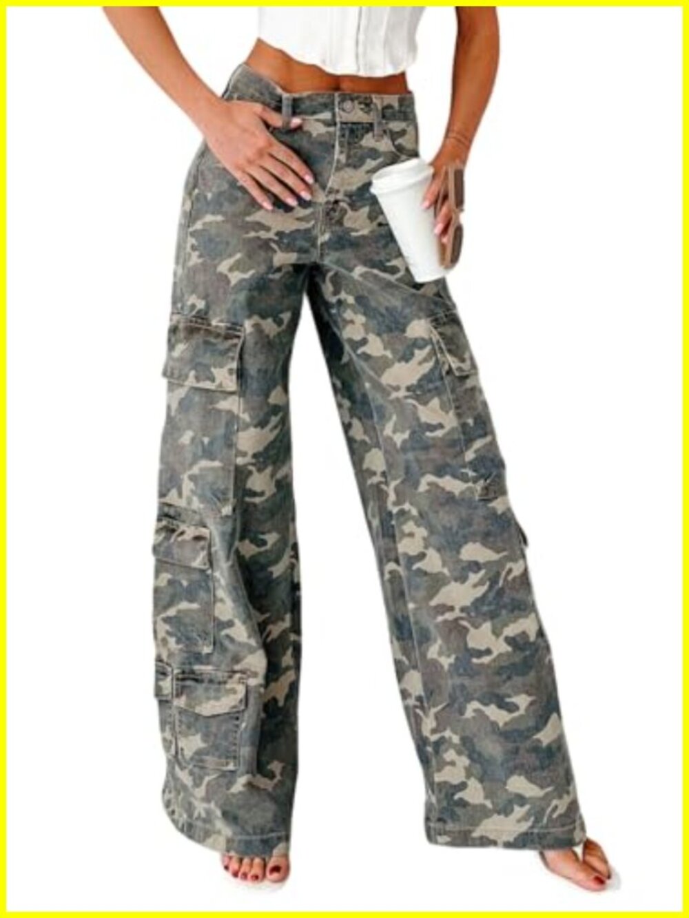 Women's Camo Cargo Jeans Wide Leg Flare Distressed Utility Pockets Cotton